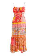 Vestido estampado con tiras de crochet y piedras