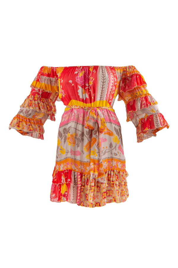 Short printed dress with ruffles