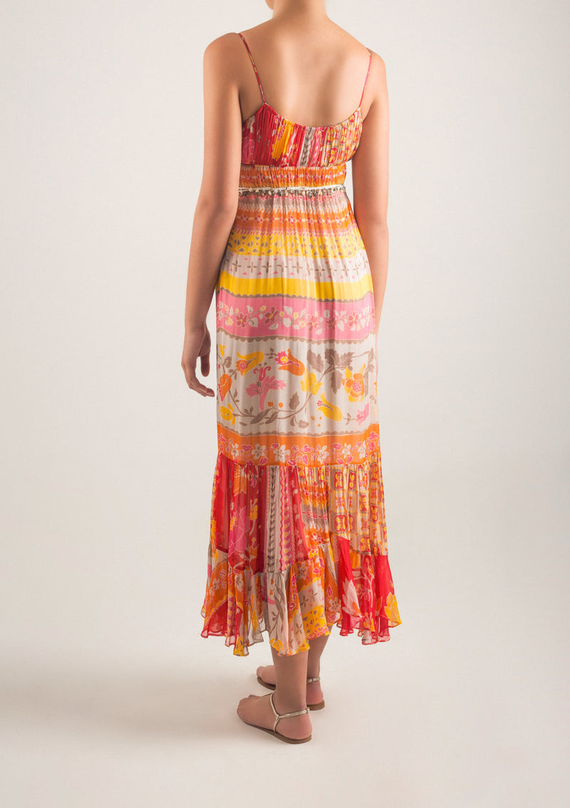 Printed dress with crochet straps and stones