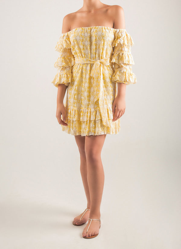 Short embroidered dress with ruffles