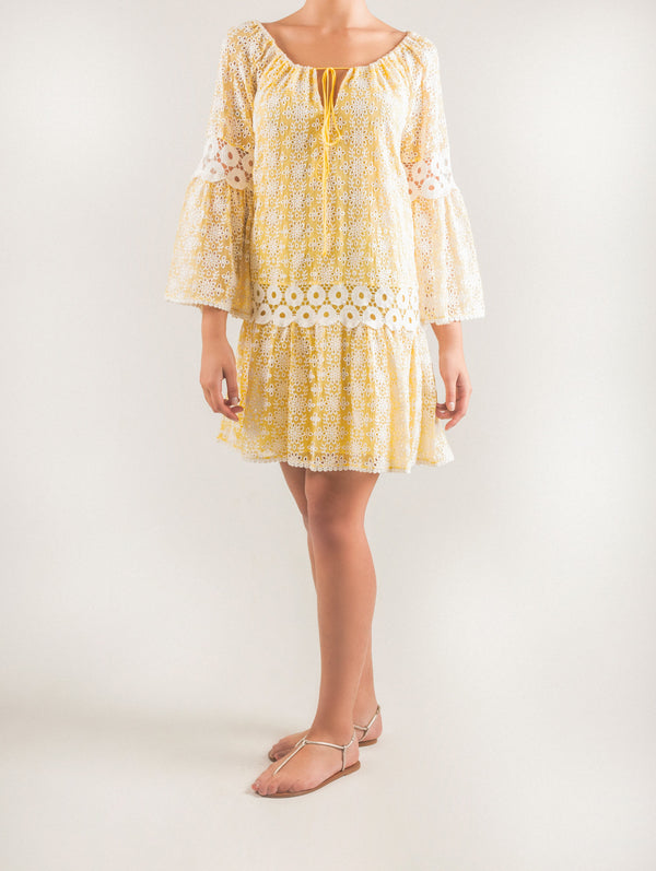 Short embroidered dress with bell sleeves